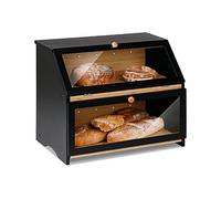 Bamboo Bread Bin Double Decker Breadbox Kitchen 15.3"x9.8"x12.6" Black | Leader Accessories 2-Tier Bread Holder with Front Opening & Clear Window for Kitchen Countertop Storage