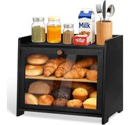 Bamboo Bread Bin with Ventilation, Large Bread Storage Container, 2 Shelves and Viewing Window, Wooden Bread Container for Crunks, Rolls, Bread Storage. 39 x 24 x 33 cm Bread Box - Self-Assembly