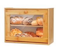 Bamboo Bread Box Countertop Bread Bin 2-Layer Dry Food Container Kitchen Storage Crock Tin Keeper with Drop Down Front Acrylic Window Pastries Loaf Storage Shelf Self-Assembly for Jam Dry Food Fruits