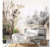 Bamboo by The Misty Lake - Custom Size Wall Murals Self-Adhesive Removable Large Photo Wallpaper for Living Room, Bedroom, Bathroom, Office, Dining Room, Children's Room