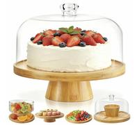 Bamboo Cake Stand with Acrylic Dome Lid, 29 cm Round Dessert Display | 6-in-1 Multi-Functional Charcuterie Board for Cheese, Chips and Dips