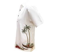 Bamboo Cay Men's Dancing Hula Short Sleeve Embroidered Button Down Tropical Camp Shirt - White - Large