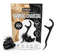Bamboo Charcoal Dental Floss Picks 200 Count - Black Charcoal Flossers with Wheat Straw Handle and Toothpick End for Daily Oral Care