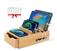 Bamboo Charging Station for Multiple Devices, Desk Charging Organizer with Drawer & Tray, Wood Docking Station Included 6 Cables, Compatible with iPhone Devices, Cell Phone, Tablet (No USB Charger)