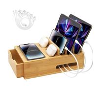 Bamboo Charging Station for Multiple Devices, Desktop Wood Charger Organizer with Drawer & Tray -Included 6 Cables, Compatible with Multi Devices, Cell Phone, Tablet, Earphones (No USB Charger)