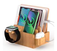 Bamboo Charging Station Organizer for Multiple Devices, Desktop Docking Rack for Cell Phones, Tablet, Smart Watch, and Earbuds, Natural Bamboo