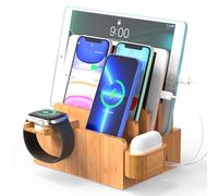 Bamboo Charging Station Rack for Multi Devices, Wooden Charge Dock for Cell Phones & Tablet, Nightstand Organizer Storage Box, With Detachable Stands for Smart Watch & Earbuds (No Adapter)