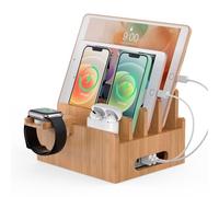 Bamboo Charging Stations Rack, for Multiple Devices, Desktop Docking Station Organizer, for Cell Phones, Tablet, Smart Watch & Earpods Stand (No Charge Adapter)