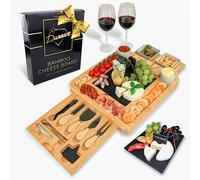 Bamboo Cheese Board and Knife Set Ceramic Bowls Wine Opener - 100% Organic Wood Serving Tray Charcuterie Board Perfect Choice for Gourmets, Birthday Presents, Wedding Gifts, Mothers & Housewarming