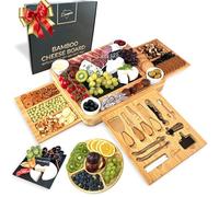 Bamboo Cheese Board and Knife Set Ceramic Bowls Wine Opener - 100% Organic Wood Serving Tray Charcuterie Board Perfect Choice for Gourmets, Birthday Presents, Wedding Gifts, Mothers & Housewarming