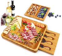 Bamboo Cheese Board and Knife Set, Cheese Servers with Hidden Drawer, Charcuterie Platter and Cheese Serving Tray for Wine, Crackers, Brie and Meat. Perfect for Christmas, Wedding &Housewarming Gifts