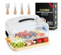 Bamboo Cheese Board and Knife Set, Portable Charcuterie Board with Lid Handle for Meat Snack Travel, Cheeseboard Gift Set Serving Tray Platter Board with Cover Compartments for Party House Warming