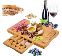 Bamboo Cheese Board Set with Drawer Wooden Charcuterie Tray Platter Including 4 Stainless Steel Knife and Serving Utensils, Gift Idea for Birthdays, Wedding Registry, Housewarming