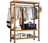 Bamboo Clothes Rack on Wheels, Open Wardrobe Closet, Free Standing Coat Rack, Garment Rack with 2 Tiers Storage Shelves Organizer and One Top Rod for Hanging Clothes Bedroom