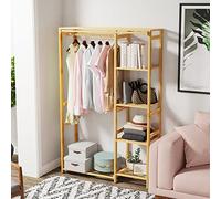 Bamboo Clothes Rack Organizer: Clothing Hanging Garment Rack Stand Wardrobe Closet with 6 Tier Storage Shelves for Living Room Bedroom Entryway