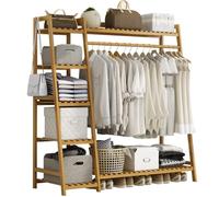 Bamboo Clothes Rack with 2 Hanging Ears and 5 Storage Racks - Multifunctional Freestanding Rails for Living Room Bedroom