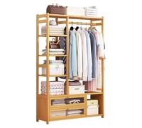 Bamboo Clothes Rack with 2-Tier Folding Storage Cabinet Pants Hanger and Drawers Open Closet for Efficient Space Saving and Stylish Storage Solutions