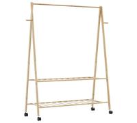 Bamboo Clothes Rack with Shelves and Wheels 132 x 45.5 x 155.5 cm, Foldable Freestanding with Shoe Rack and Clothes Rail, Coat Stand with Hooks for Hallway Bedroom Dressing Room