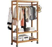 Bamboo Clothes Rack with Wheels, Open Wardrobe with 2 Storage Shelves and Top Hanging Rod for Bedroom Organization