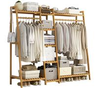 Bamboo Clothes Rail, Freestanding Coat Stand with Top Shelf, Garment Rack ith Shelves Clothing Hanging Rail, Open Clothing Hanger Storage Organiser for Bedroom Hallway Entryway
