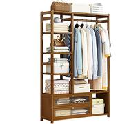 Bamboo Clothes Rail Rack, Bamboo Coat Rack for Hanging Clothes, Garment Rack with Shelves and Drawers, Open Wardrobe Closet Clothing Hanger Storage Organiser for Clothes Shoes