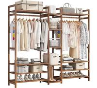 Bamboo Clothes Rail, Stand Freestanding Coat Garment Rack with Hanging Rod, 2 Shelves and Hooks, Open Wardrobe Clothing Hanger Storage Organiser for Bedroom Hallway, Natural Wood