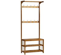 Bamboo Coat Rack with Shoe Sto, Free Standing Hall Tree, Removable Double Row Hoo, Slish Hat & Coat Stand for Hallway & Living Room (Tan Color)