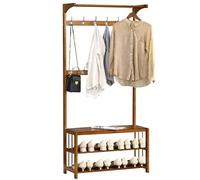 Bamboo Coat Rack with Shoe Storage Free Standing Hall Tree Removable Double Row Hooks Stylish Entryway for Hats Coats & Shoes - Tan Color
