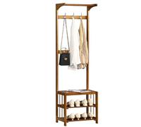 Bamboo Coat Rack with Shoe Storage Free Standing Hall Tree with Removable Double Hooks Stylish Entryway for Coats Hats & Shoes - Tan Color