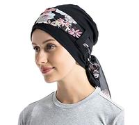 Bamboo Cotton Liner Chemo Headwear for Womenwith Silky Scarfs for Cancer Hair Loss Sleep Caps Beanie, Black, One Size