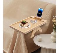 Bamboo Couch Arm Table with 360 ° Rotatable Phone Holder Sofa Tablett Stable Bamboo Sofa Tray to Fix on The Armrest of The Sofa Foldable Sofa Tray, Wood Color