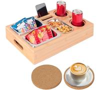Bamboo Couch Bar Snack Box with Removable Stainless Steel Bowls - Stable and Easy to Carry, Perfect for Snacks, Drinks, and Wine Glasses, Ideal for Sofas and Beds, Picnics and Camping