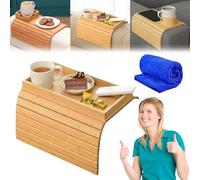 Bamboo Couch Cup Holder, Foldable Bamboo Tray with Cup Holder, Couch Tray Sofa Arm Cup Holder Bamboo, 2 in 1 Sofa Arm Tray with Anti-Slip Fabric Backing for Snacks, Phone,Control,Cups (B)