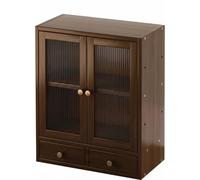Bamboo Countertop Storage Cabinet with 2 Glass Doors & 2 Drawers, Multi-Tier Desktop Sideboard Organizer for Kitchen, Bathroom & Office, 2-Shelf (B Dark D)