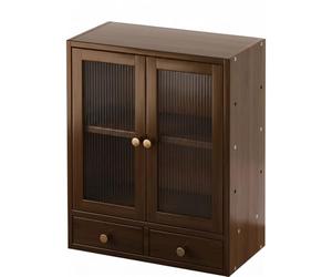 Bamboo Countertop Storage Cabinet with 2 Glass Doors & 2 Drawers, Multi-Tier Desktop Sideboard Organizer for Kitchen, Bathroom & Office, 2-Shelf (B Dark D)