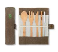 Bamboo Cutlery Set | Travel Cutlery Set | Eco Friendly Flatware Set | Knife, Fork, Spoon and Straw| Wooden Cutlery Set | Camping Cutlery Set with Travel Pouch | 7.9 Inch | Olive | Bambaw