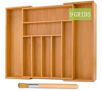 Bamboo Cutlery Tray - Adjustable Drawer Insert with 6 to 8 Compartments - Drawer Organiser System with 4 Non-Slip Nubs