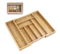 Bamboo Cutlery Tray Utensil Drawer Organiser, Expandable Storage Tray for Kitchen, Adjustable Size 32 x 43x 5cm to 52 x 43x 5cm, with 6 to 8 Compartments Large Capacity, Easy to Clean