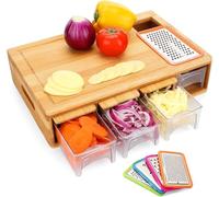 Bamboo Cutting Board with Storage Drawers and Grater | Multi-Functional, Vegetable Shredder, 4 Pull-Out Drawers, Butcher Block Style, Stainless Steel Grater