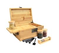 Bamboo Decorative Box with Handle, Large Storage Stash Box Set, Removable Dividers, 3 Glass Jars, Herb Roller, Tray Insert & Accessory Tools Kit