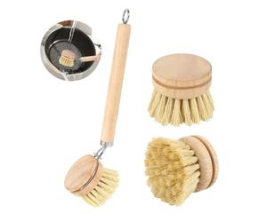 Bamboo Dish Brush Natural Dish Brush with 3 Replacement Heads Long Handle Bamboo Brushs Plastic Free Washing Up Kitchen Eco Wooden Dishs Brushs for Washing and Cleaning Pot Pan Washing Bow