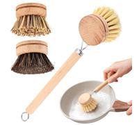 Bamboo Dish Brush with Handle,Natural Kitchen Brushes with 3pcs Replacement Heads, Horsehair, Sisal, Palm,All Purpose Kitchen Scrub Brush,Fruit and Veggie Brush Scrubber