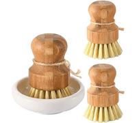 Bamboo Dish Scrub Brushes by, Kitchen Wooden Cleaning Scrubbers Set for Washing Cast Iron Pan/Pot, Natural Sisal Bristles, Set of 3