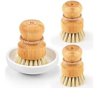 Bamboo Dish Scrub Brushes by Subekyu, Kitchen Wooden Cleaning Scrubbers Set for Washing Cast Iron Pan/Pot, Natural Sisal Bristles, Set of 3