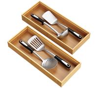Bamboo Drawer Organizer Set of 2 - 15"x6"x2" Stackable Utensil Trays for Kitchen, Wood Silverware Organizers & Multi - Purpose Storage Bins