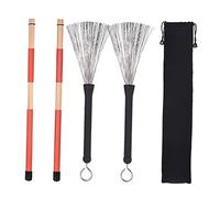 Bamboo Drum Stick and Brushes Set with Bag, Eco-friendly Wood Rods, Rubber Handle, Wire Brushes, for Jazz Folk Music, Practice and Play Convenient