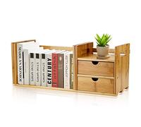 Bamboo Extendable Desktop Bookcase, Adjustable Wood Desktop Organiser Rack with 2 Drawers, Natural Bamboo Wood Tabletop Desktop Bookshelf Organiser Rack, DIY Mini Book Case with 2 Storage Drawer
