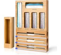Bamboo Foil and Plastic Wrap Organizer with Cutter, Ziplock Bag Organizer with Cutter for Kitchen Drawer Storage, Dispenser Compatible with Gallon,Quart,Sandwich,Snack Variety Size Bags (Sliding type)