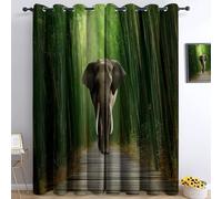 Bamboo Forest Wooden Path Animals Elephants 100% Blackout Curtains W 110" x L 102" for Bedroom Living Room, Natural Landscape Printed Thermal Insulated Curtains, Eyelet Light Blocking Window Drapes