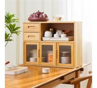 Bamboo Freestanding Countertop Cabinet Kitchen Storage Shelf for Dishes Bowls Spices & Teacups with Small Drawer Long-Lasting(Natural,L)